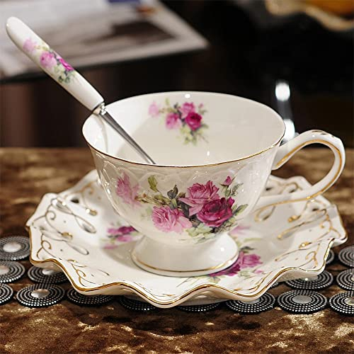 fanquare Blume Teetasse mit Untertasse, Vintage Kaffee Teetasse Set, Keramik Kaffeetasse für Frühstück Nachmittagstee, Weiß