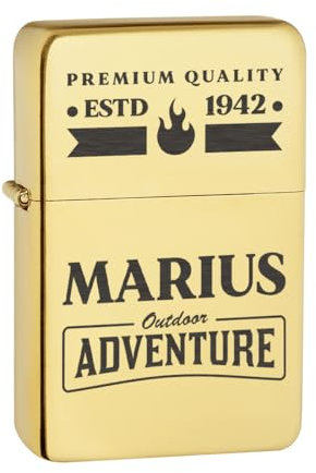 Gold Sturmfeuerzeug Geburtstagsgeschenk Männer mit Gravur - Benzin Feuerzeug mit Namen - zum Geburtstag, Vatertag und Jubiläum - für Outdoor-Liebhaber zum jagen, wandern und campen
