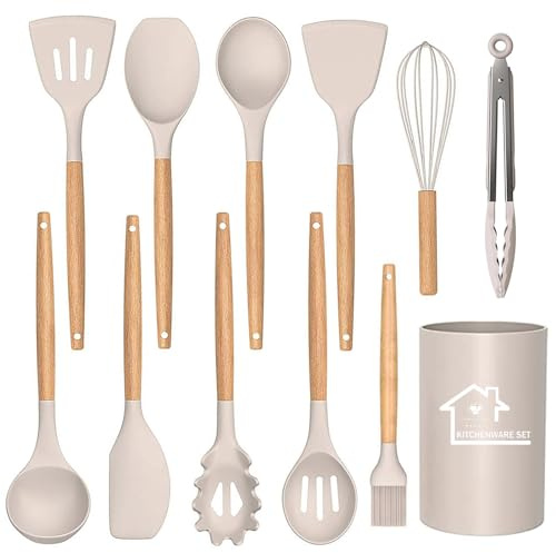 UXIYI Silicone Kitchen Utensils Set, 12pcs Silicone Kitchen Cooking Utensil Set, Kitchen Tools for Nonstick Heat Resistant Cookware, Khaki