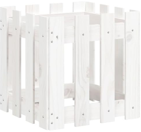 Hochbeet aus Holz, Lattenzaun Design Blumenbeet Blumenkasten Pflanzkasten Pflanzbeet Gartenbeet Pflanzkübel für Garten & Balkon, Weiß 40x40x40cm Massivholz Kiefer