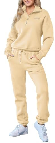 Herseas 2-teiliges Damen-Outfits, Sweatanzug, Lounge-Set, halber Reißverschluss, Pullover mit Jogger, Flughafen-Trainingsanzug, passende Hose, Beige, XX-Large