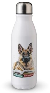 MAXIKIWI - Single Wall Water Drinking Bottle with Screw Cap, Non Insulated Lightweight Aluminium, BPA Free, Leak-Proof - German Shepherd Dog Watercolor - 500ml