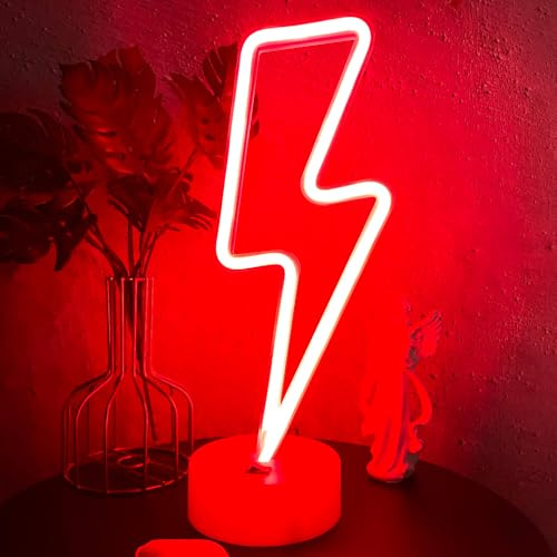 VIFULIN Lightning Bolt Neon Signs Red Lightning Neon Sign Light for Bedroom, USB/Battery Operated Thunder Lamp Neon Sign, Stand Lightning Shape LED Sign Decor for Shelf Desk Table Game Room Man Cave