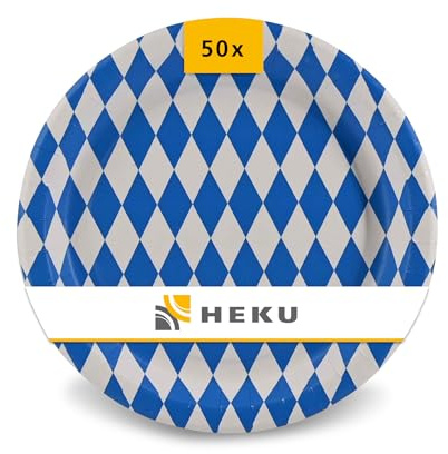 Heku Assiettes en Carton Oktoberfest 50 Pièces 23 cm - Assiettes Jetables Deco Bavaroise Nettoyage Facile - Vaisselle de Fête Accessoires Fête de la Bière Bleu et Blanc