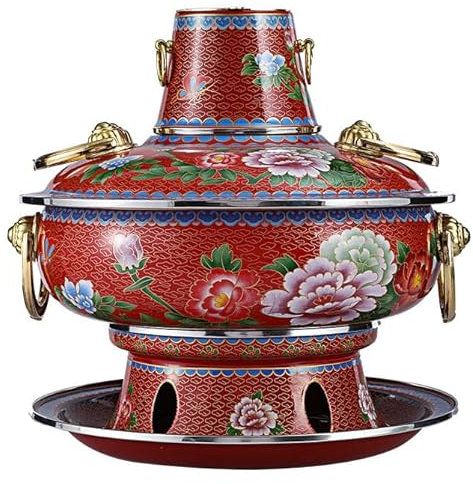 NIBHZ Cloisonne-Einzeltopf Kleiner Eintopf Traditioneller Chinesischer Eintopf Aus Reinem Kupfer Aus Peking Retro-Hammel-Eintopf Kleiner Kupfertopf t für Familienfeiern Zu Hause,Rot,36cm