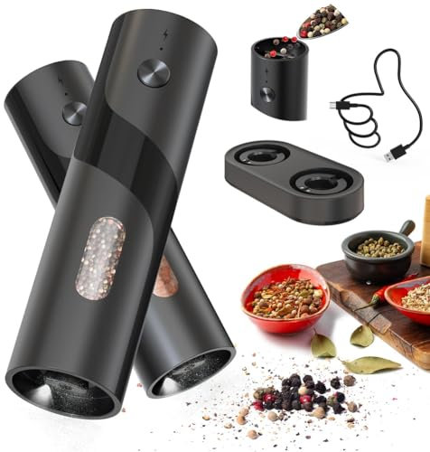 Koolenry Juego de Molinillo de Sal y Pimienta Eléctrico Recargable, Molinillo de Pimienta Automático de Recarga Superior con Base de Carga