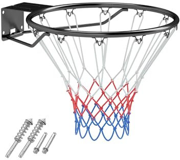 GYMAX Massiver Basketballkorb Wandmontage Ø45 cm, Basketballnetz aus Metall mit dreifarbigem PE-Netz, Robuster Korb für In- & Outdoor, Basketballring für Kinder & Erwachsene