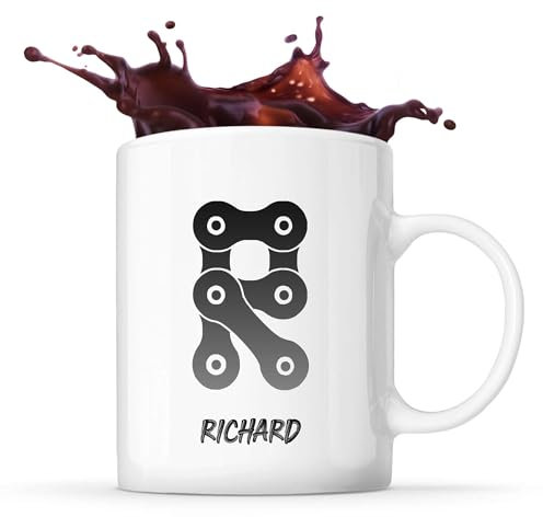 Planetee Tasse Richard Lettre Chaine Mécanique | Mug Céramique | Idée Cadeau Prénom Motard Biker Mob Anniversaire Papa Collègue Départ Retraite Noël