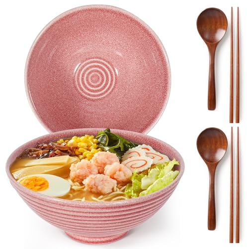 LRHAFET 2 x 1200ml Ramen Schüssel Set aus Keramik mit Essstäbchen und Löffeln, 20cm Ramen Bowls Set，Ramen Schale. (Pink Dot Red)