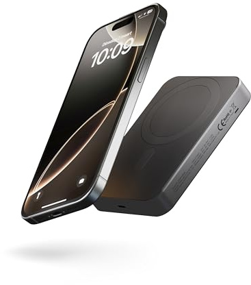 Zens Slim Aluminium Power Bank Qi2 10k mAh, Chargeur sans Fil de 15 W Compatible avec MagSafe pour iPhone Air/17/16/15/14/13/12 et AirPods, câble USB C-C de 30 cm Inclus, Noir