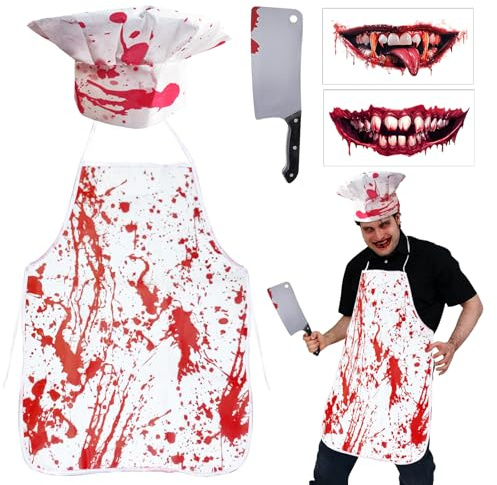 SANLIUSANJIU Juego de carnicero de Halloween, disfraz de zombi sangriento y espeluznante, delantal carnicero Halloween + tatuaje facial + cuchillo escena disfraz de terror para adultos y adolescentes