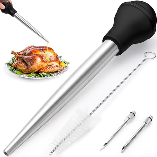 Rainspire Große Bratenspritze aus Edelstahl zum Kochen mit 2 abnehmbaren Nadeln und Reinigungsbürste, Premium-Bratenwerkzeug zum Kochen, spülmaschinenfest, Heimbacken, Küchenwerkzeug, Schwarz