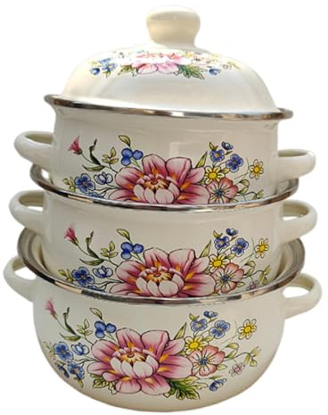 Sharplace 3 Stück Emaille-Suppentöpfe mit Deckel, Kochtöpfe mit flachem Boden, Retro-Design, Küchengeräte, Eintopf, Bohnen, Simmertopf für die Küche zu Hause, Style D