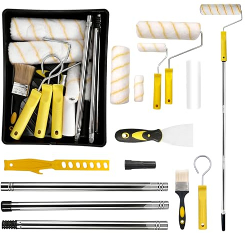 13Pcs Paint Roller Set, Paint Tray Set Paint Rollers 9 Inch with 5pcs Roller and Traypaint, 4 Inch Paint Roller with Paint Roller Extension Pole for Painting Walls, Ceilings, Doors