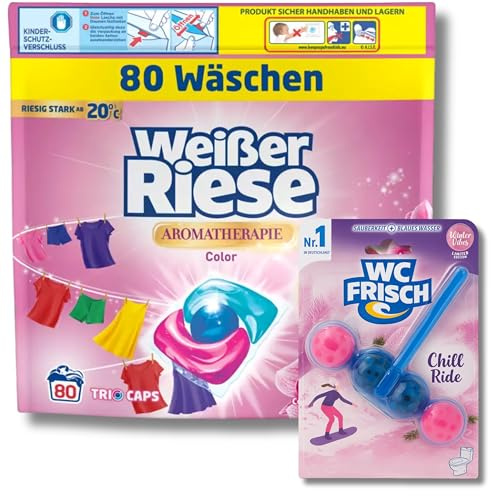 Weißer Riese Color Trio-Caps Aroma-Therapie Orchidee (80 WL), Color Waschmittel mit Good Mood-Duft & WC FRISCH WC Stein Chill Ride (1x 50g), langanhaltendes Dufterlebnis