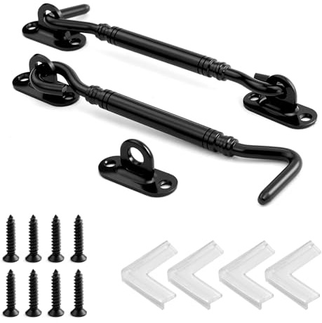 Lot de 2 crochets tempête avec œillet de 15,2 cm - Noir - Crochets de fenêtre - Améliorés et épais - Pour porte supérieure et inférieure - En bois - Avec 8 vis de montage et 4 protections d'angle de