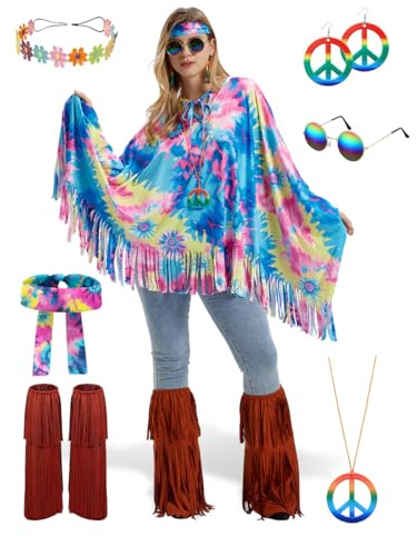 Geehora Disfraz Hippie Mujer Completo – Poncho Flower Power Años 70 con Flecos y Accesorios para Carnaval y Fiesta Temática (A)