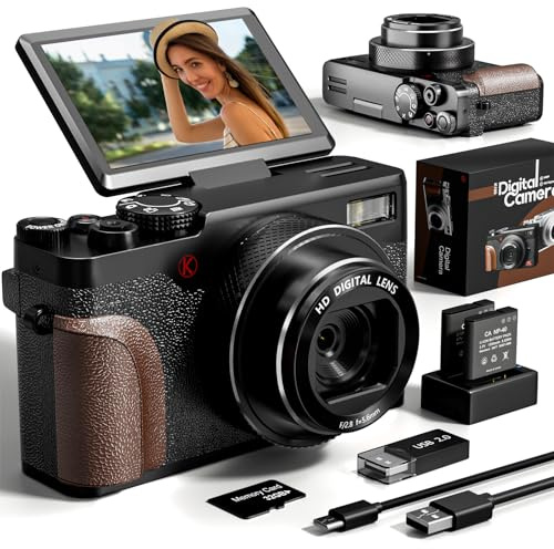 Digital Camera, 48MP Cameras for Photography, 4K Vlogging Camera for YouTube, 180°Flip Screen Digital Point and Shoot Camera with 18X Zoom, Compact Camera for Beginner with 32GB Card(2 Batteries)