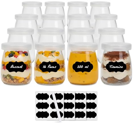 Amajoy 16 tarros de 200 ml de yogur con tapas – Vasos de yogur – Vasos de repuesto para máquinas de yogur – Tapas de polietileno de vidrio