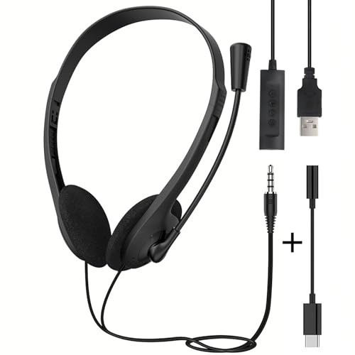 USB Headset for PC Laptop Phone, 3.5mm / USB / Type-C Jack 3-In-1 Wired Headphones with Noise Cancelling Mic & Audio Controls, Adjustable Headband Headset for Call Centers, Home Office, Online Chat