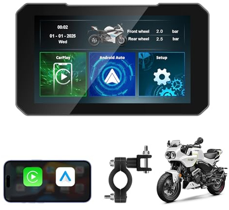 Écran CarPlay 5 Pouces pour Moto avec Android Auto IP67 Tactile HD | Démarrage rapide séparation audio et vidéo écran HD pour motos étanche IP67 et navigation GPS intégrée