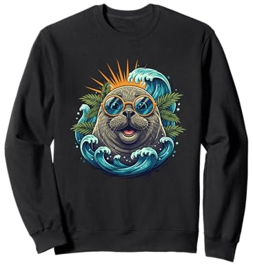 Cool Sunglasses Seal Wave Sunrise Tropical Beach Ocean Sweatshirt