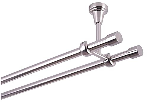 Doppia Asta per Tende da 16 mm, Bastone Tende per Interni, per Fissaggio a Soffitto, Effetto Acciaio Inox, Color Metallo, 420