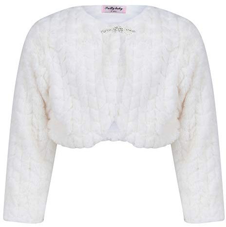 Aelstores Girls Ivory Faux Fur Special Occasion Bolero Padded Long Sleeve Tippet Shrug Diamante Clasp Fastening Quilted Snow Suit Textured Look Jacket Colour: Ivory - Size: 5-6 Years
