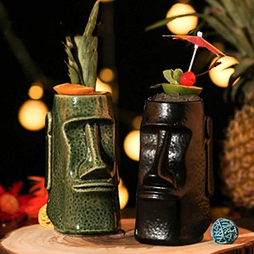 Hawaiianische Cocktailtasse aus Keramik, Tiki-Becher/700 ml – niedliche exotische Cocktailgläser, Tiki-Bar, professionelle hawaiianische Party-Barware (grün + schwarz)