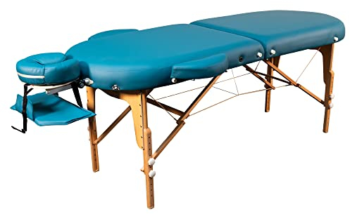 Zen Oval Massageliege klappbar, mobil - stabile Massagetisch, Kosmetikliege, Tattoo Liege aus Holz, Massagebank Behandlungsliege inkl. Tasche, Armlehne, Alu-Kopfstütze für Physiotherapie (Türkis)
