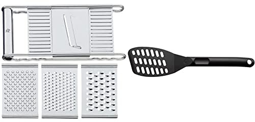 WMF Gourmet Gemüsereibe 12 x 18 cm, Edelstahl Reibe mit 4 Aufsätzen zum Hobeln & Pfannenwender Kunststoff 31 cm, Wender mit Ablage-Knick und Aussparungen, Pfannkuchenwender, spülmaschinengeeignet
