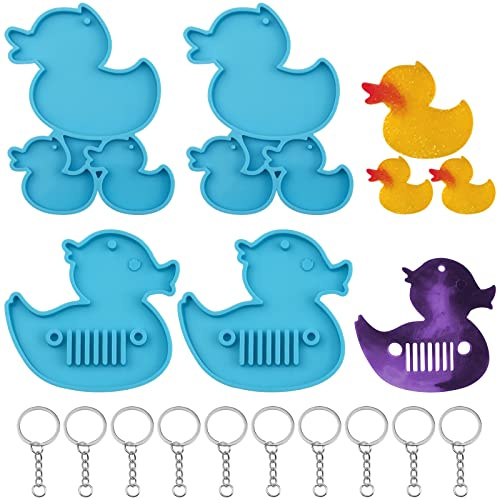 4 Pcs Duck Keychain Silicone Resin Molds Key Chain Crystal Pendants Tags Epoxy Resin Casting Mold with 10 Pcs Key Rings for Pendant DIY Crafts Jewelry Making