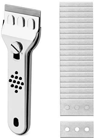 QWORK® Raschietto Vetro in Acciaio Inox, Raschietto per Piano Cottura in Ceramica con Manico Antiscivolo e Protezione Lama, 20 Lame di Ricambio Incluse