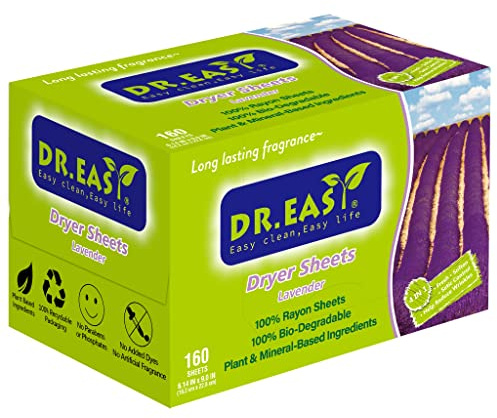 Dr.Easy Dryer Sheets Lavender Plant Based all ingredients for Sensitive Skin 160 Ct 100% Rayon Fabric Softener sheet for laundry No Dyes Reduce Static & Wrinkles Soften Clothes Help Repel Pet Hair