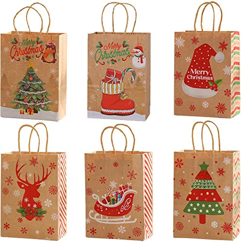 24 Stück Geschenktüten Weihnachten, Kraft Geschenktüten mit 6 verschiedenen Weihnachtsmustern, Weihnachtsgeschenktüten, Kraftpapiertüten mit Griffen für Party Geschenkverpackung (22x16x8cm)