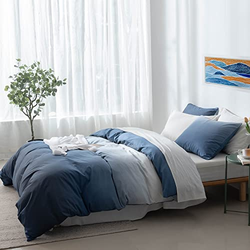 100% Cotton Duvet Cover King Size - Reversible Ocean Blue Duvet Cover Set with Button Closure, Gradient Navy Blue Bedding Set 3 Pcs, 1 Duvet Cover 104x90 with 4 Corner Ties and 2 Pillow Shams 20x36