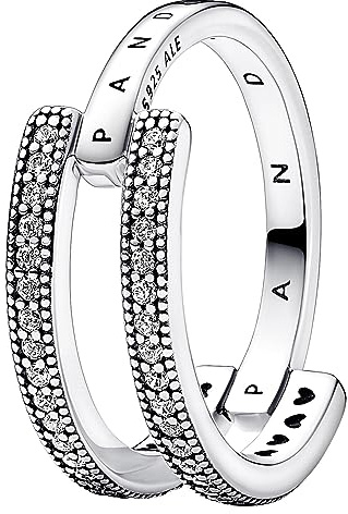 PANDORA Signature Anillo con engaste pavé, doble banda y logotipo de plata de ley con circonitas cúbicas transparentes, talla 60