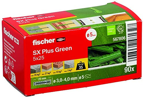 fischer Spreizdübel SX Plus Green 5 x 25, Schachtel mit 90 nachhaltigen Dübeln, Allzweckdübel aus nachwachsenden Rohstoffen, optimaler Halt in Beton, Vollziegel, Porenbeton, Hochlochziegel uvm.