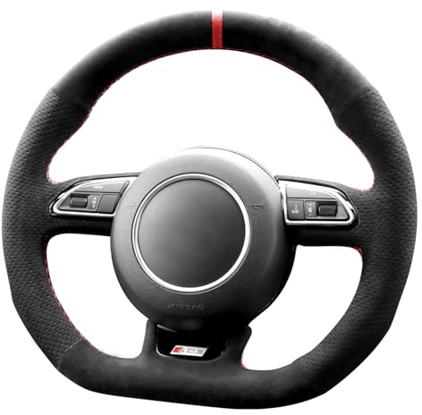 Alfanxi Alcantara-Lenkradbezug, handgenäht, kompatibel mit Audi A3, A4, A6, A7, RS3, RS4, RS5, RS6, RS7, S4, S5, S6, S7, SQ5 2013–2018, mit Schaltpaddeln (rote Streifen)