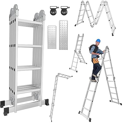 Joparri Scala multiuso, 4 x 4 gradini, 4,7 m, in alluminio, con 2 piastre di ponteggio e 2 ruote, scala da lavoro, 16 gradini, carico massimo 150 kg