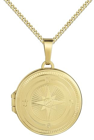 JEVELION Medaillonanhänger Medaillon Anhänger für 2 Bilder 8 Karat 333 Gold Bild Amulett rund mit Kompass-Gravur zum Öffnen mit Halskette Mit Damenkette - Kettenlänge 70 cm.