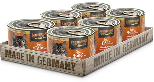 LEONARDO Katzen Nassfutter Superior Selection, Ente mit Huhn & Karotten, 6x200g Dose, für ausgewachsene Katzen, getreidefrei, ohne Zucker, Made in Germany