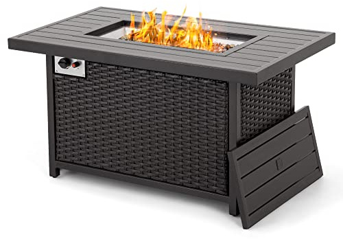 HAPPATIO Propane Fire Pit Table - 48 inch 50,000 BTU Aluminum Outdoor Patio Fire Pit,Wicker & Aluminum Rectangular Propane Gas Fire Pit, Clear Glass Rock and Tabletop Lid, Black PE Rattan(Brown)