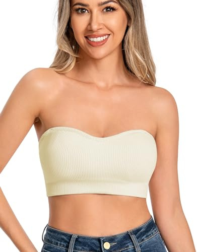ANGOOL Damen Trägerloser BH Push Up ohne Bügel Bandeau Top Damen Gepolsterter Seamless Ribbed Rutschfestes Silikon mit Transparenten Trägern, Haut weiß, M