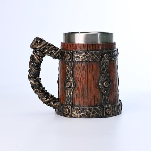 Viking Beer Mug with Stainless Steel Insert Creative Hand-painted Imitation Wood Medieval Tankard Wooden Barrel Beer Mug Capacity 20.29 OZ (Brown Red)
