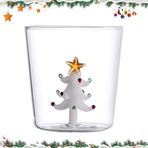 Durdiiy Bicchieri Natalizi in Vetro Borosilicato da 300ml, con Disegno dell'Albero di Natale/Babbo Natale, Trasparenti per Acqua e Succo, Regali Ideali per Uomini e Donne