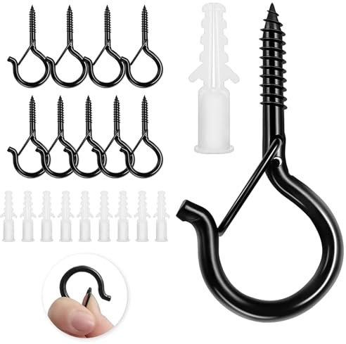 FYHJNC 12Pcs Screw Hooks with Safety Lock, Heavy Duty 40lb Q-Hanger Hooks for Outdoor & Indoor Use, Includes Wall Plugs for Wind Chimes, Plants, String Lights