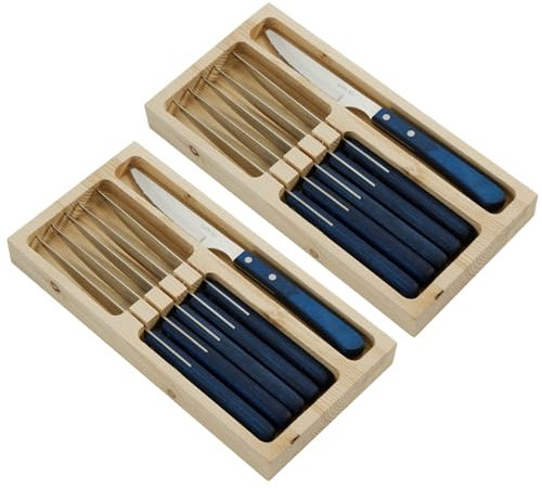SanheKit Lot de 8/12 couteaux à steak en acier inoxydable à haute teneur en carbone, manche en bois, poignée ergonomique, couteau à viande dentelé (Couleur bleu 8 pièces)