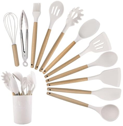 Strehknewen Juego de 12 Utensilios de cocina de silicona, resistentes al calor, antiadherentes, aptos para lavavajillas, ergonómicos, aptos para alimentos, Con cubo de almacenamiento, juego completo