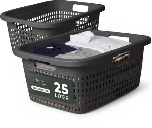 Novaliv 2er-Set Wäschekorb mit 3 Griffen 25L Anthrazit, Wäschebox Set Wäscheeimer Wäschebehälter für Bad Wäsche Schmutzwäsche, Wäschekörbe Schmutzwäschebehälter Haushalt Korb Sammler Box